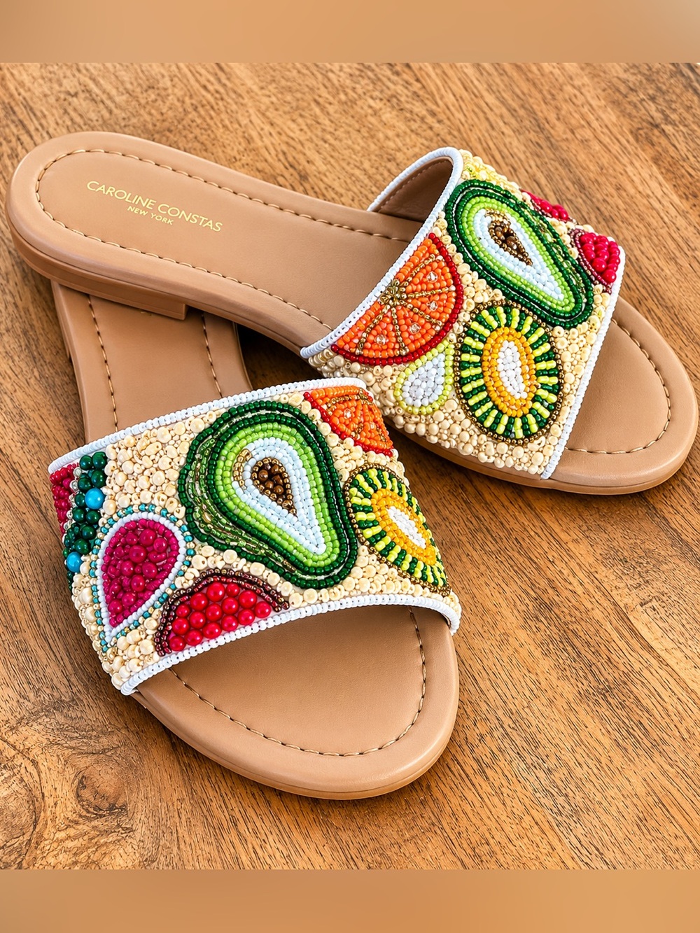 Caroline Constas Fruit Beaded Slide Sandals Size 8 Rare Resort Vacation NWT